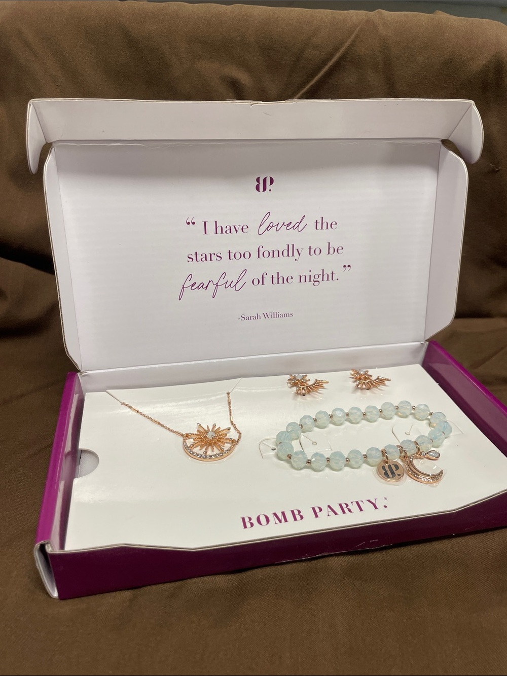Paparazzi Rose Gold Sunburst Necklace, Earrings & Aquamarine Beaded Bracelet Set